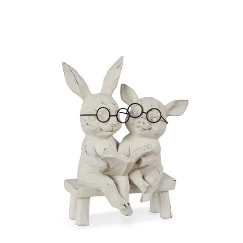 7" Reading Bunny and Pig on Bench | Spring Decor for Nursery Room | Cute Gift Ideas animal figurine