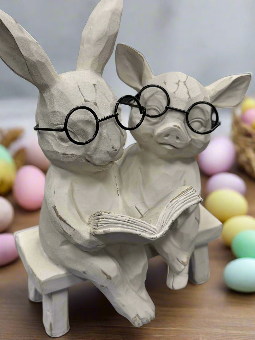 7" Reading Bunny and Pig on Bench | Spring Decor for Nursery Room | Cute Gift Ideas animal figurine