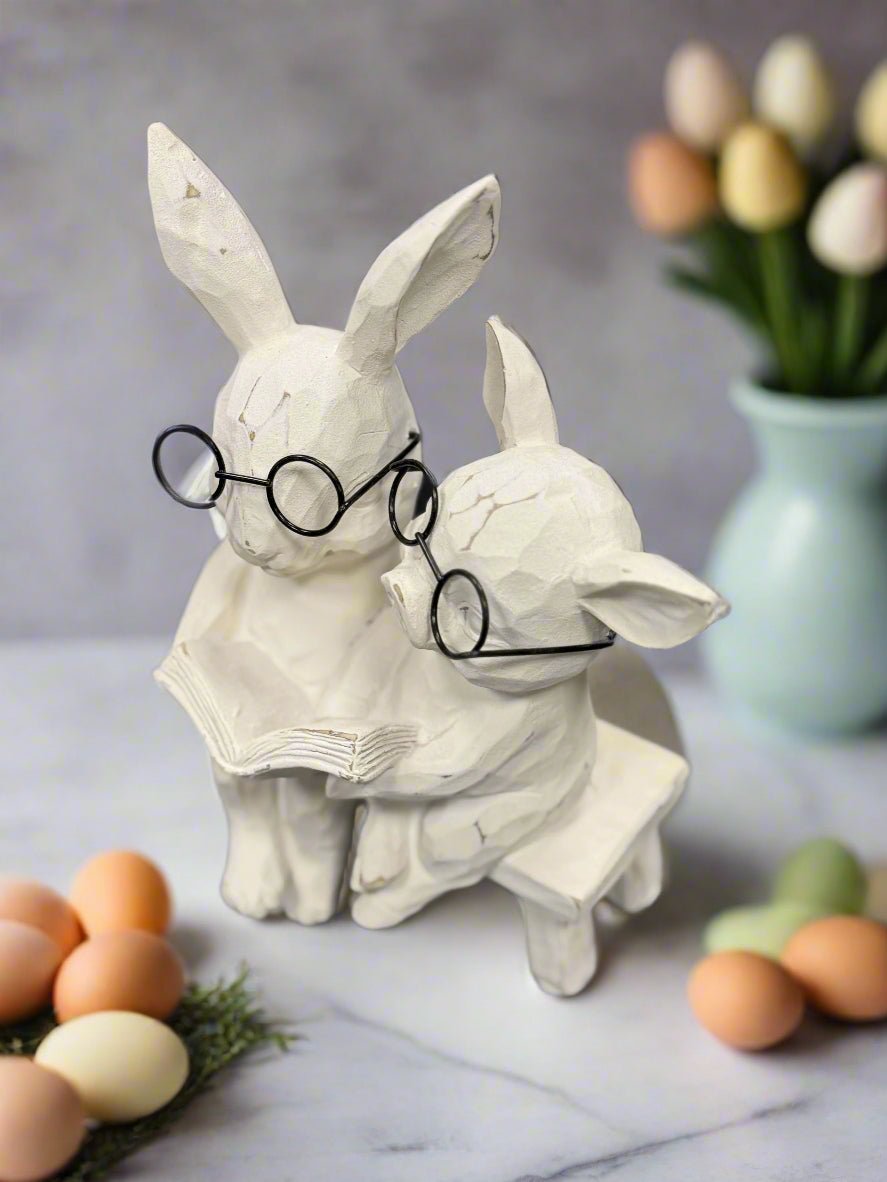 7" Reading Bunny and Pig on Bench | Spring Decor for Nursery Room | Cute Gift Ideas animal figurine