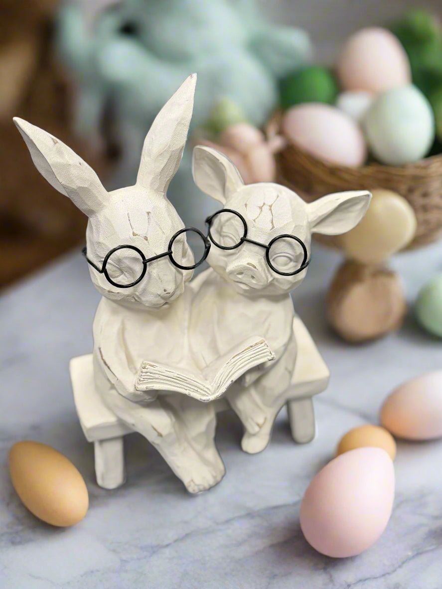 7" Reading Bunny and Pig on Bench | Spring Decor for Nursery Room | Cute Gift Ideas animal figurine