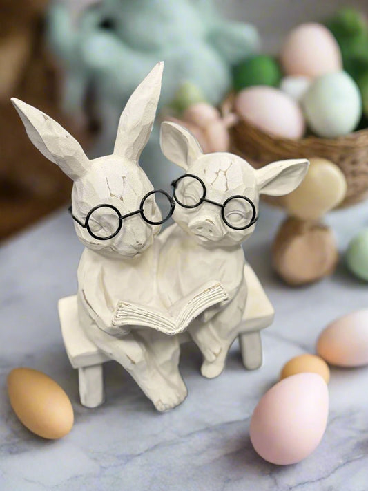 7" Reading Bunny and Pig on Bench | Spring Decor for Nursery Room | Cute Gift Ideas animal figurine