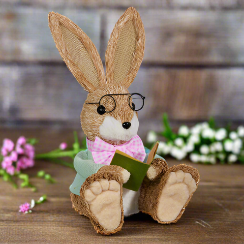 RAZ - 11.75" Reading Bunny Spring Decor, Cute Bunny Home Decor, Easter Decorations, Whimsical Table Centerpiece & Gift