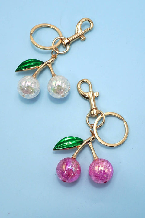 Pearlie Cherry Drop Keychain, Croquette Preppy Bag Charm with Leaf Accent, Stylish Purse Accessory, Gift for Her