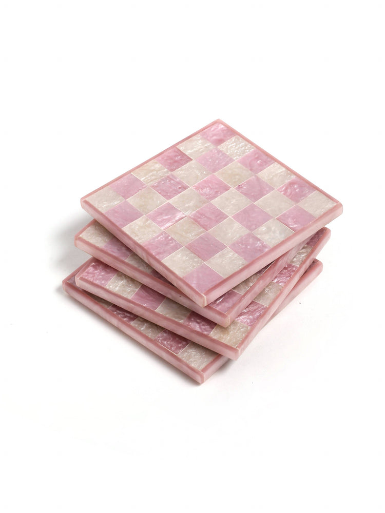 Pink Check Resin Coaster Set of 4