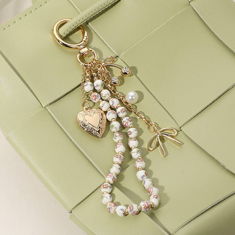 Heart Locket Bow Cherry Pearl Wristlet Keychain Bag Charm