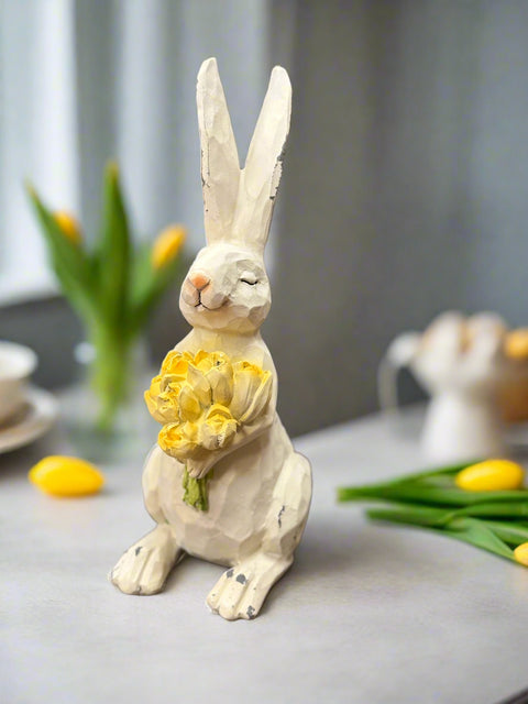 Noms Bunny With Yellow Tulips Resin Figurine | Cute Spring Decor & Gift for Rabbit Lovers | Collectible