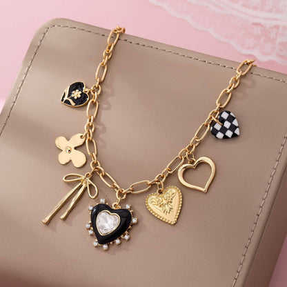 Bow Checker Heart Rhinestone Charm Necklace