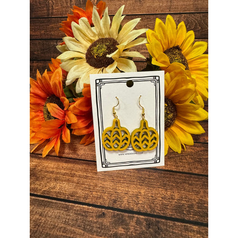 Wooden Pumpkin Earrings  Wavy Lines Yellow Gold