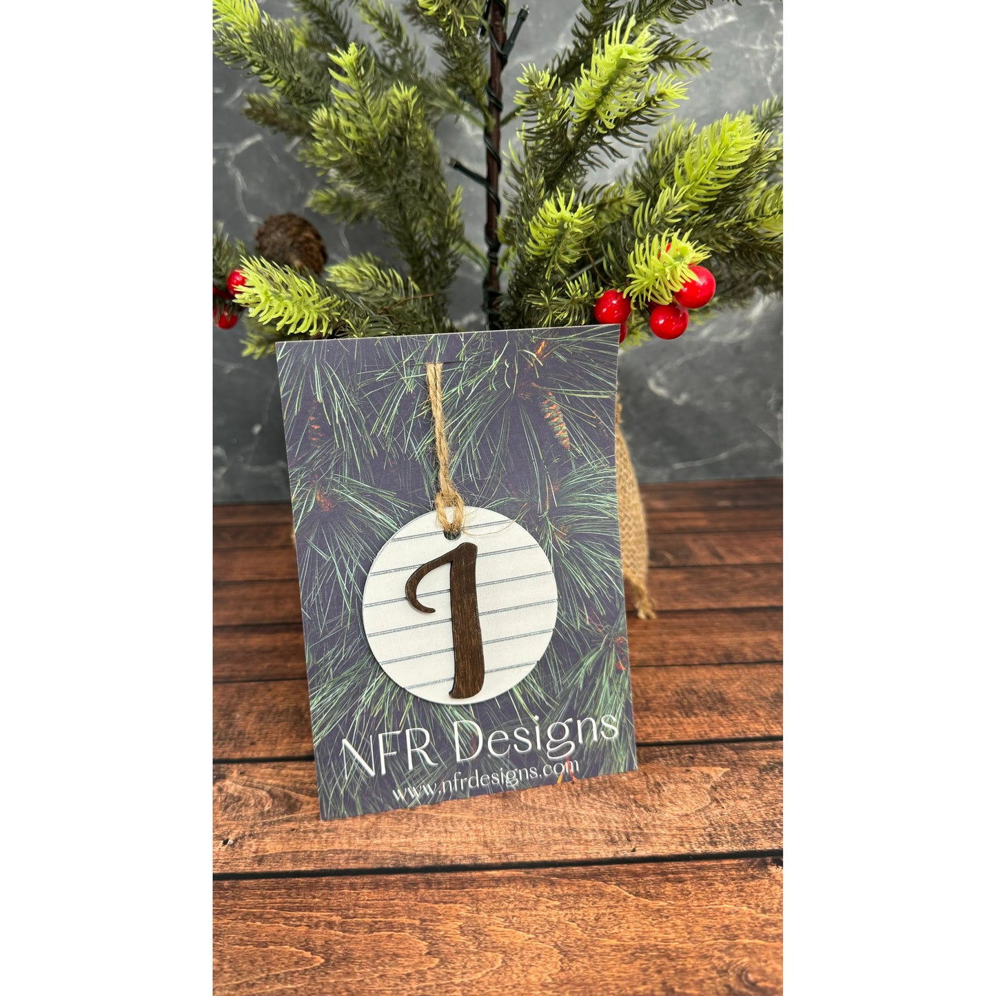 Shiplap Initial Christmas Ornament - Cursive Font Christmas Ornament I - Cursive Dark letter/White backing 