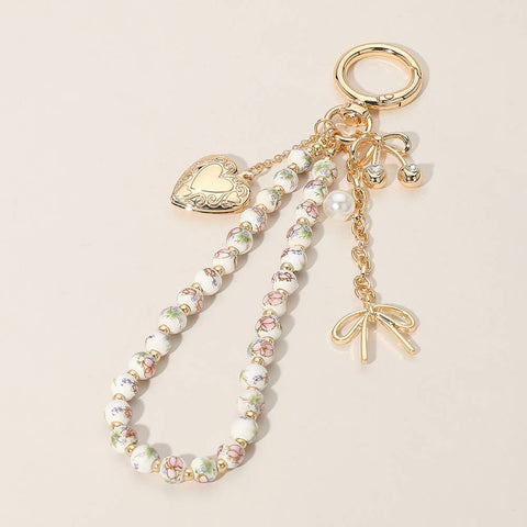 Heart Locket Bow Cherry Pearl Wristlet Keychain Bag Charm Pink