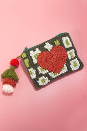 Croquette Seed Bead Coin Purses, Bow, Checker & Western Print, Perfect Small Wallet for Her, Preppy and Trendy coin purse Heart Olive