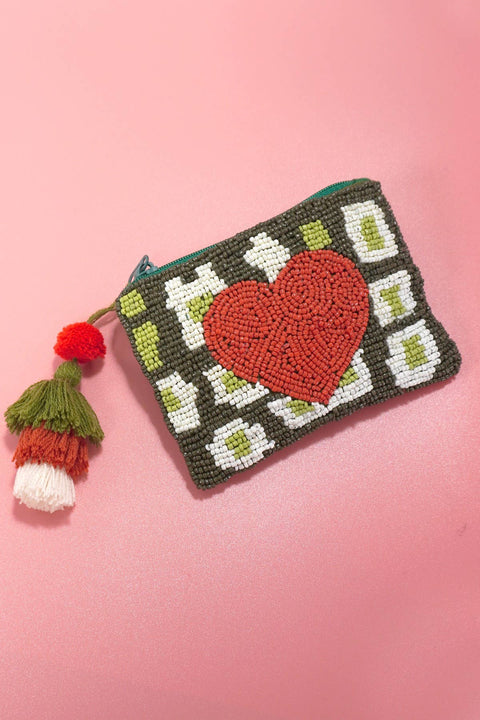 Croquette Seed Bead Coin Purses, Bow, Checker & Western Print, Perfect Small Wallet for Her, Preppy and Trendy coin purse Heart Olive
