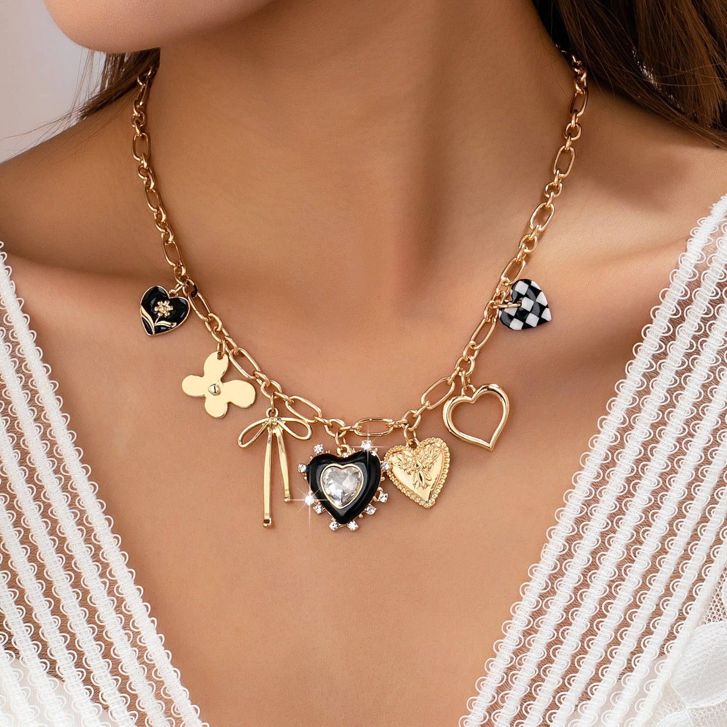 Bow Checker Heart Rhinestone Charm Necklace
