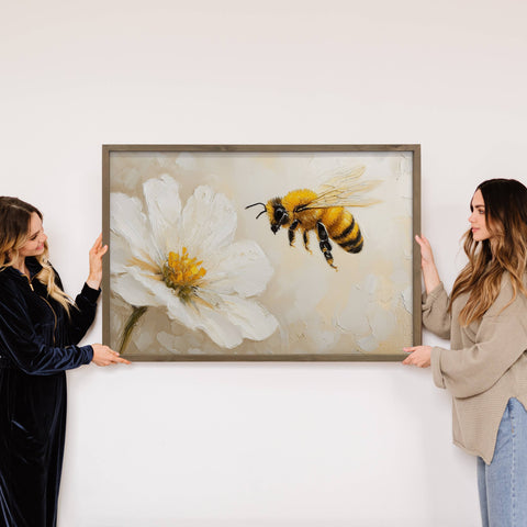 Bee and Flower Canvas Art | Floral Wall Decor | Nature Inspired Home Decor | Bee Illustration for Nursery & Living Room Wall Decor