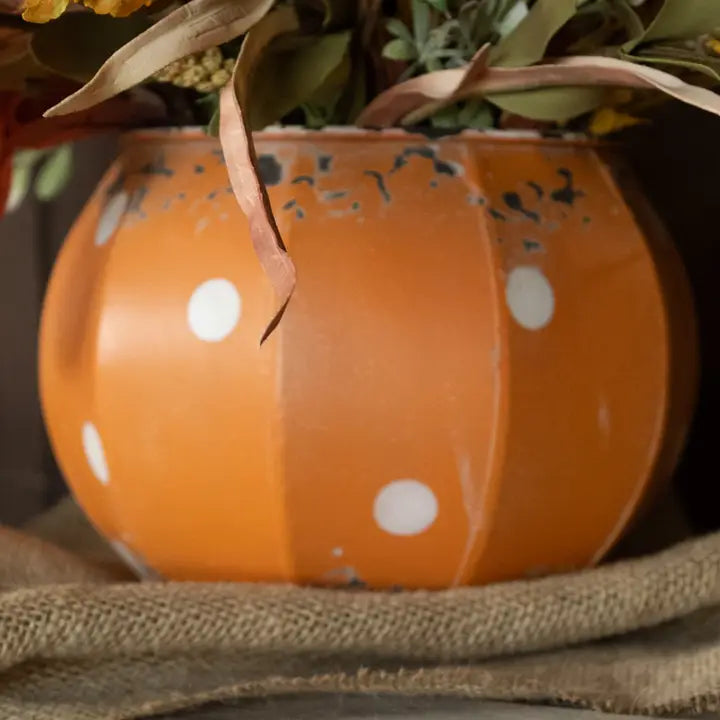 Orange & White Metal Polka Dot Pumpkin 6"