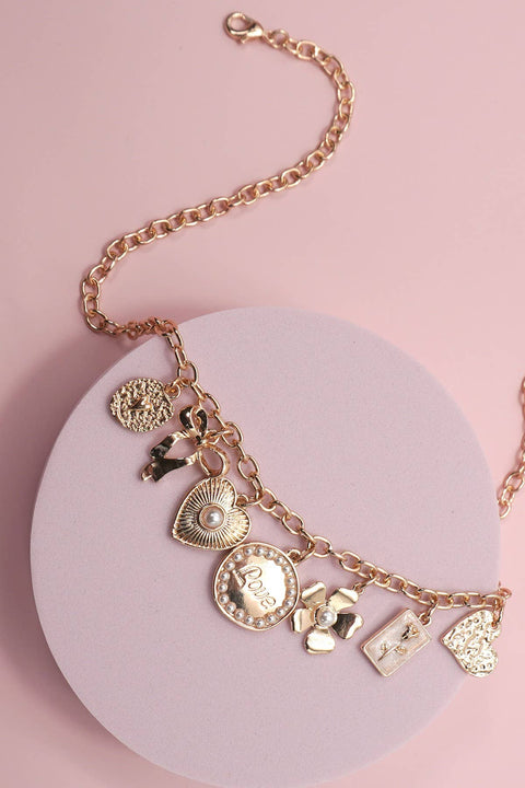 Preppy Charm Necklace Bow Love Heart Flower, croquette inspired design, wearable art jewelry, ideal gift for girlfriends