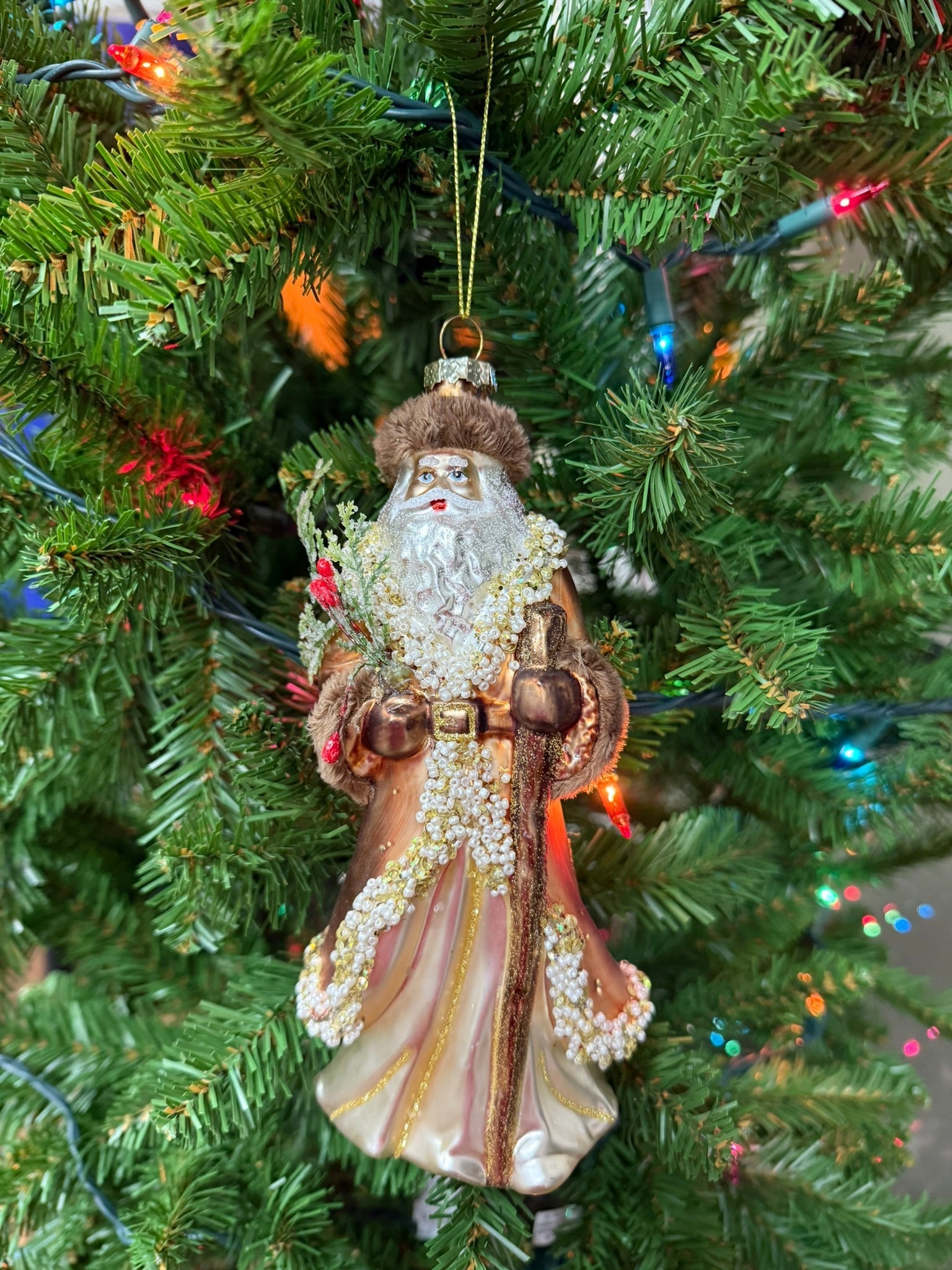 8" Mountain Santa Glass Ornament - Hand - Painted Rustic Woodland Christmas Decor - Nifty Decor & More