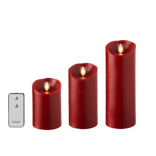8" Moving Flame Red Pillar Candles With Remote, Set/3