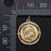 Golden Rustic Emperor Coin Charm CZ Dainty Micro Pave Geometric Round Medallion Charm Pendant GP-067
