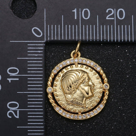 Golden Rustic Emperor Coin Charm CZ Dainty Micro Pave Geometric Round Medallion Charm Pendant GP-067