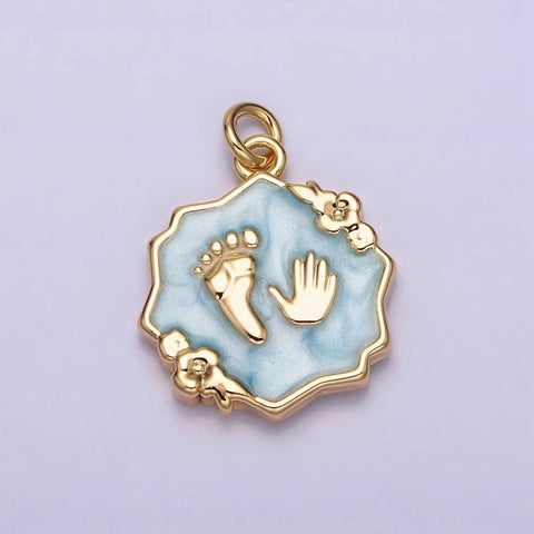 16K Gold Filled Baby Shower Hand & Feet White, Pink, Blue Sparkly Enamel Flower Charm | AC1111 - AC1116 Blue Gold