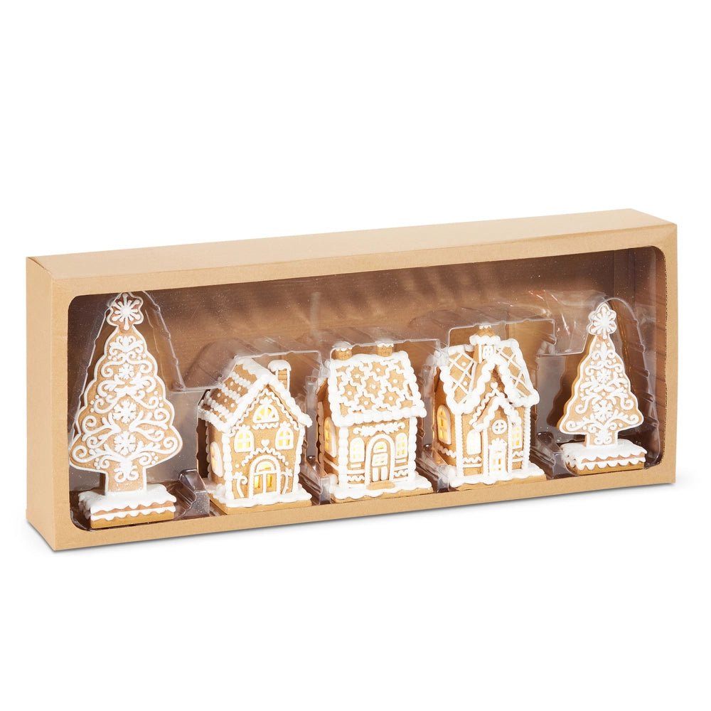 8.25" Box of Lighted Gingerbread Houses and Trees Christmas Shelf Sitter