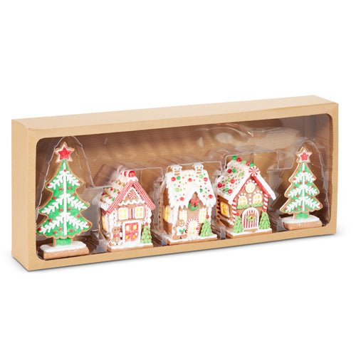 8.25" Box of Lighted Gingerbread Houses and Trees Christmas Shelf Sitter