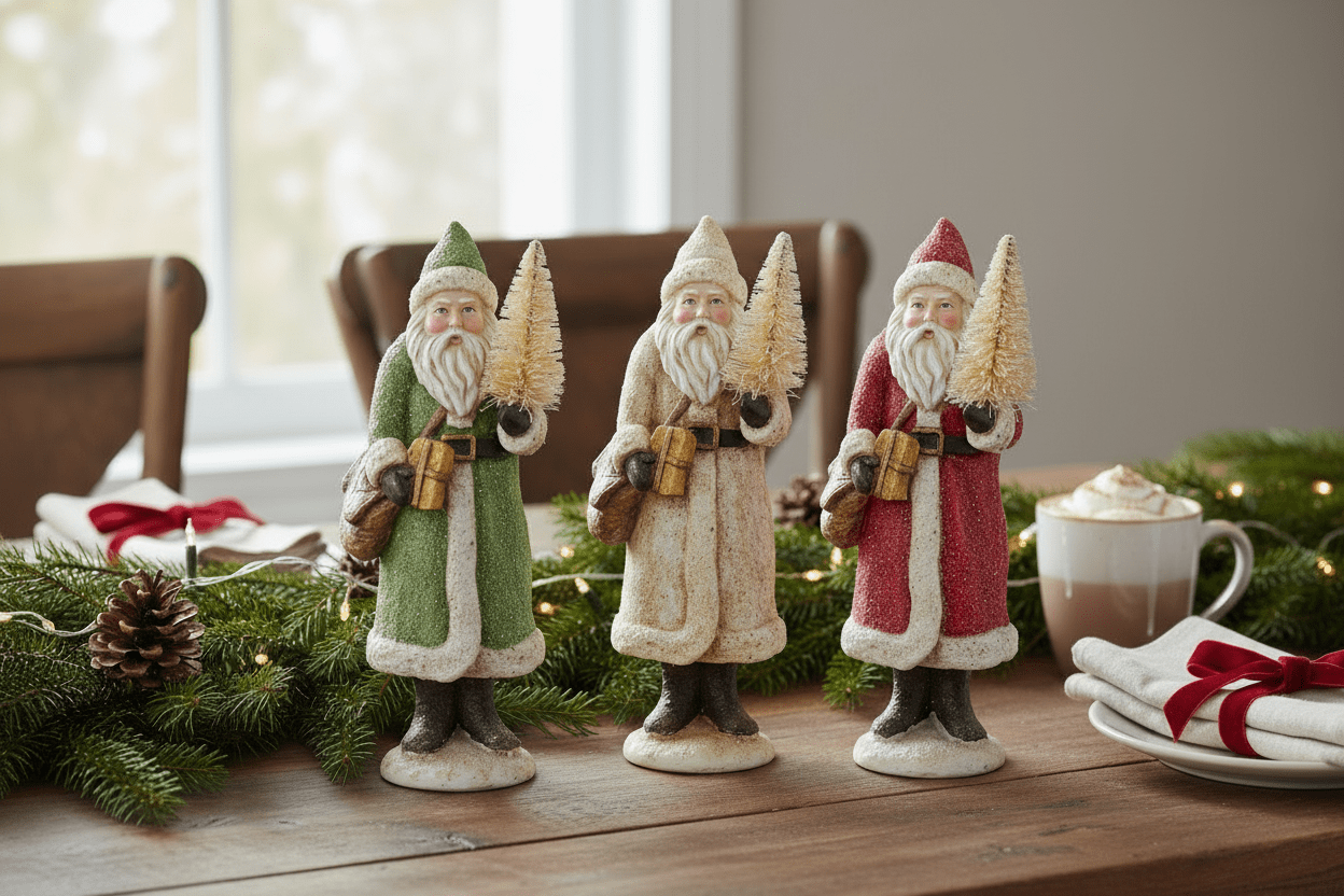 8.5" Glittered Santa Figurine – (Green, White & Cream) - Nifty Decor & More