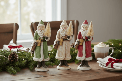 8.5" Glittered Santa Figurine – (Green, White & Cream) - Nifty Decor & More