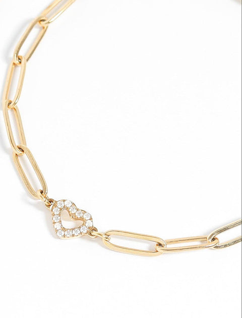 Stone Heart Paperclip Chain 18K Gold PVD Stainless Steel Set Chain Necklace