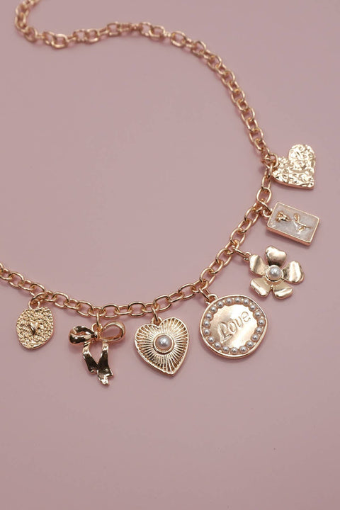 Preppy Charm Necklace Bow Love Heart Flower, croquette inspired design, wearable art jewelry, ideal gift for girlfriends