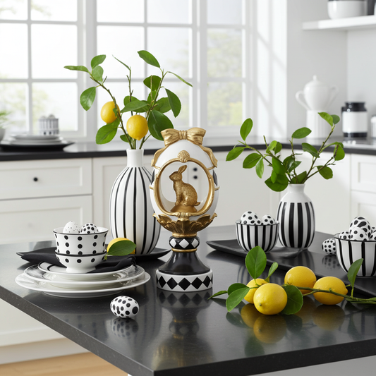 11.75 Inch White Gold & Black Easter Egg Cutout w/Bunny Easter Finial