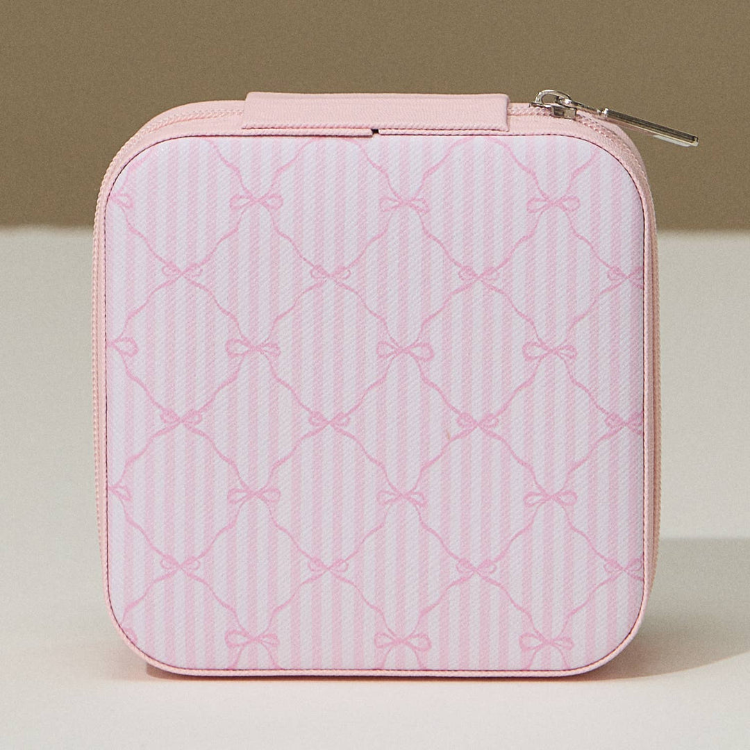 Stylish Boho-Chic Keepsake for Trendy Travelers, Travel Size Jewelry Case, Must-Have Gift for Glam Girls on the Move, Travel Jewelry Box Jewelry Pink Bow Monogram