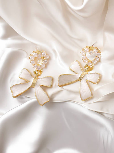 Pearled Heart Bow Knot Earrings, Delicate Dangle Statement Jewelry, Ideal Gift for Girlfriends and Bridesmaids