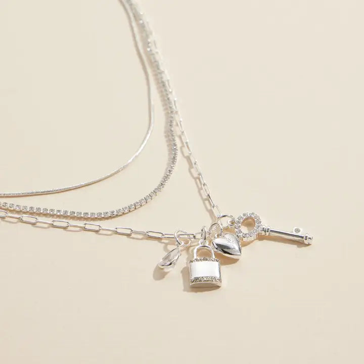 Layered Necklace with Lock, Key & Heart Charms Silver