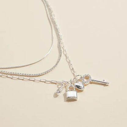Layered Necklace with Lock, Key & Heart Charms Silver
