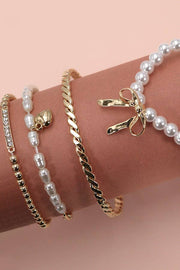 Bow Pearl Rhinestone Bar Stretch Bangle, Dazzling Stacking Bracelet Set for Everyday Chic, Gift for Women Bracelets