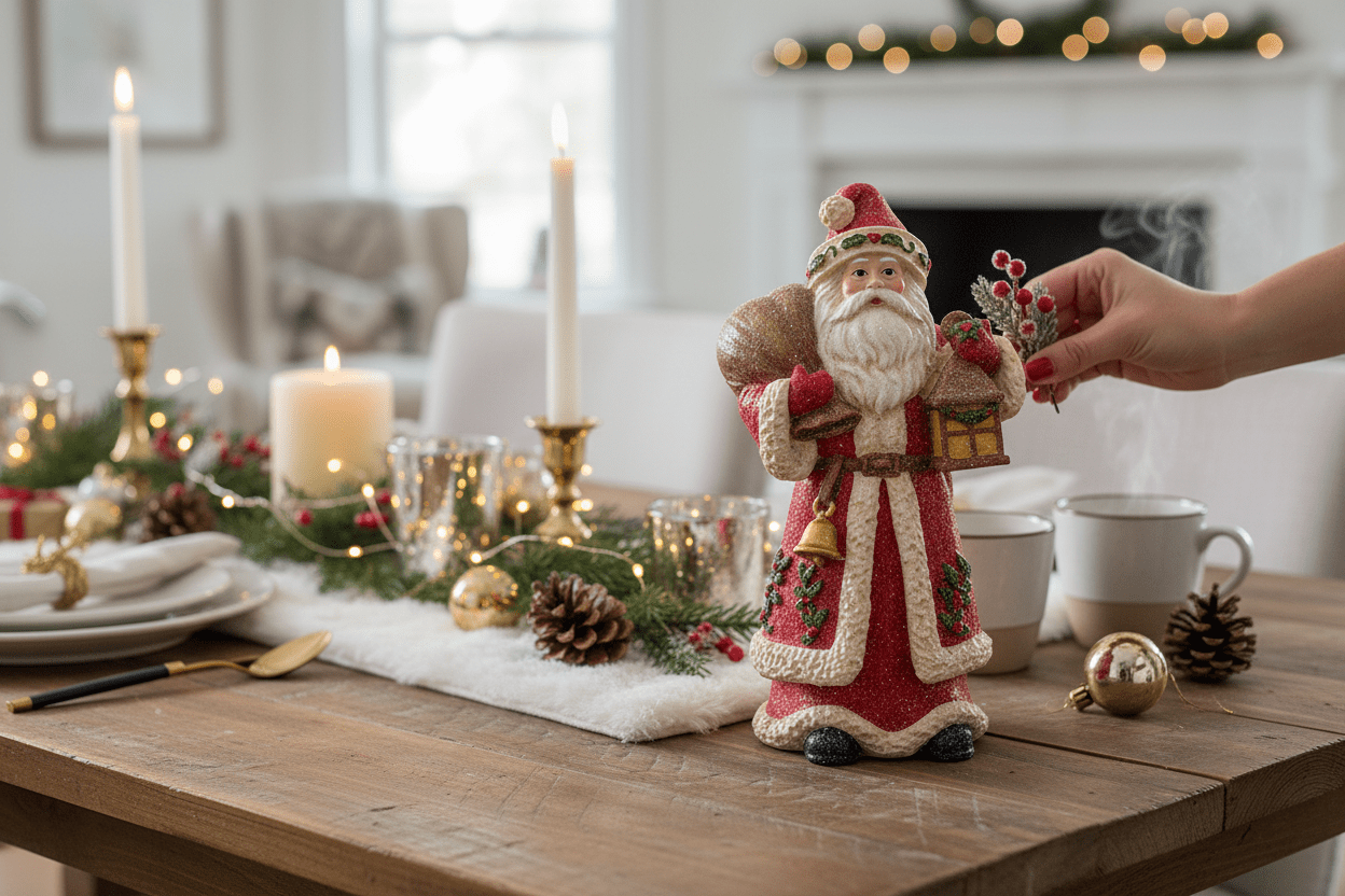 9" Holly and Pine Lantern Santa - Nifty Decor & More