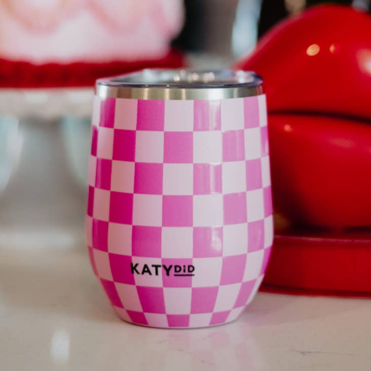 Elegant Girly Insulated Wine Tumbler, Stylish Colorful Drinkware for On-the-Go, Perfect Gift for Her Tumblers Pink Checker