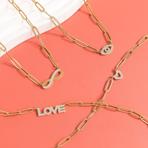Stone Heart Paperclip Chain 18K Gold PVD Stainless Steel Set Chain Necklace