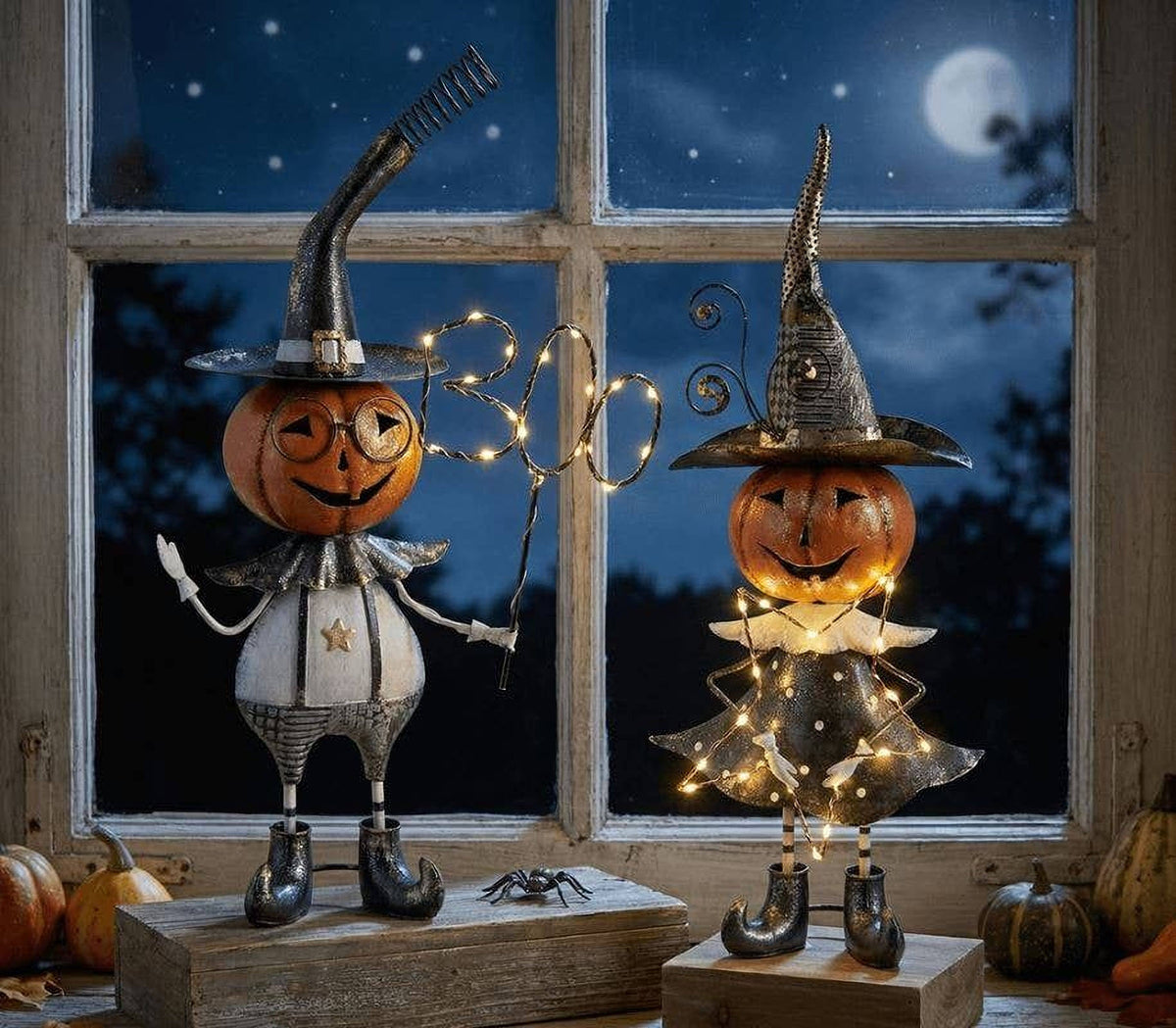 Metal Halloween Pumpkin Boy & Girl Battery Power LED Statue