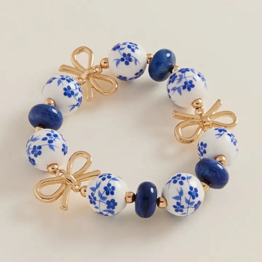 Blue Floral Round Shaped Ceramic Bead Ribbon Stretch Bracelet