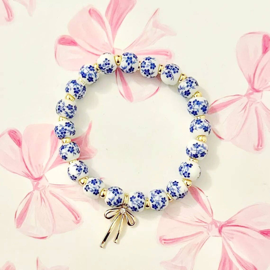 Blue Bracelet with Floral Porcelain Bow Charm, Stylish Wristwear for Elegant Everyday Look, Perfect Gift for Her Bracelets