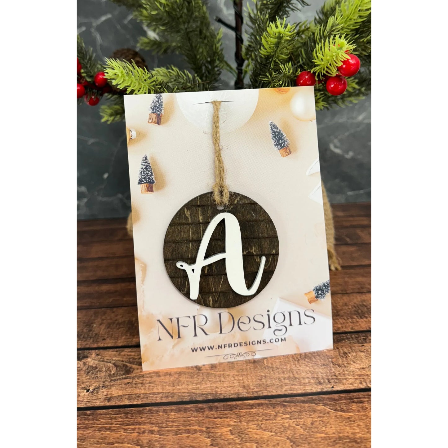 Shiplap Initial Christmas Ornament - Cursive Font Christmas Ornament A - Cursive White letter/Dark backing 