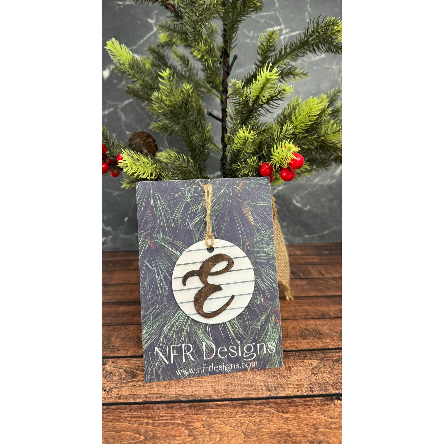 Shiplap Initial Christmas Ornament - Cursive Font Christmas Ornament E - Cursive Dark letter/White backing 