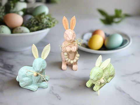 Colony Of Carved Bunnies Set Of 3 | Pastel Spring Easter Decor | Charming Accent Pieces for Festive Home Decor