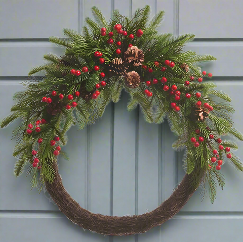 RAZ - 30" Red Berry and Pinecone Mixed Greenery Half Wreath Christmas Wreath