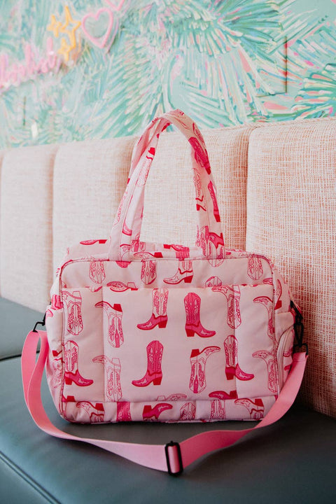 Western Boots Light Pink Weekender Bag, Trendy Travel Tote for Weekend Trips, Sweet Gift for Travelers Tote Bag