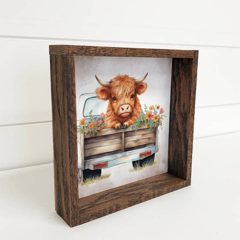 Highland Cow in Truck with Flowers | Rustic Farmhouse Decor | Vintage Animal Art Print | Country Home Wall Art