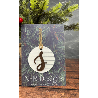Shiplap Initial Christmas Ornament - Cursive Font Christmas Ornament S - Cursive Dark letter/White backing 